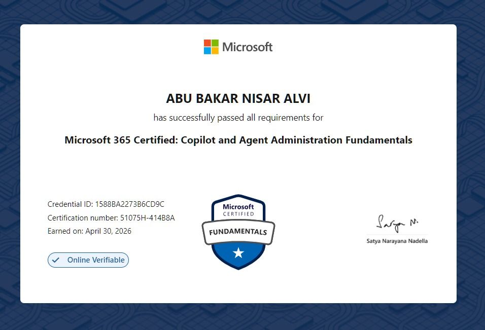 Agentic AI Business Solutions Architect certificate awarded to Abu Bakar Nisar Alvi